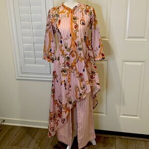 Limelight cotton 2-piece kurta & pants set stripes w/floral print mauve/pink M